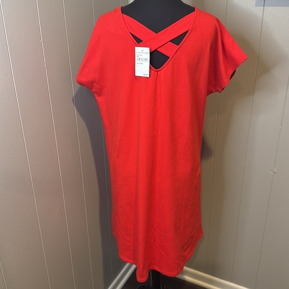 Bobeau bright red stretch dolman short sleeve X back crew neckline midi. NWT. L - Picture 3 of 4